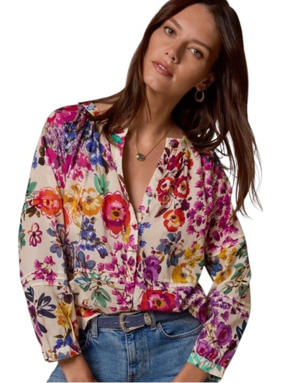 Johnny Was multicolor floral raglan pintuck blouse. Size XL. NWOT